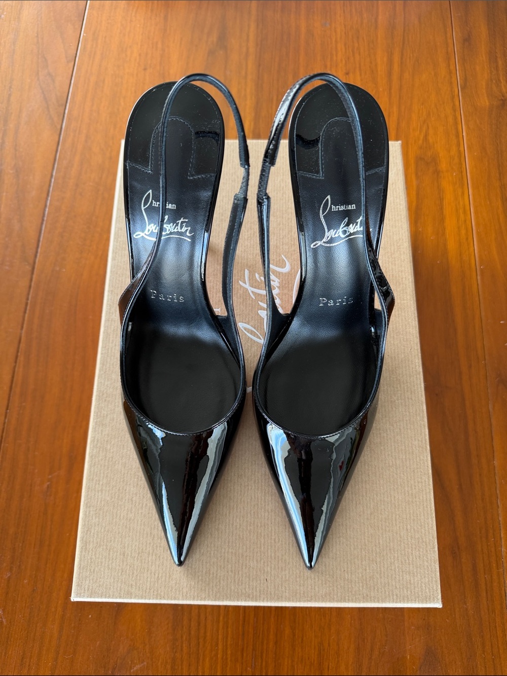 Christian Louboutin Black Patent Pointed Miss Z Slingback 100 Pumps.